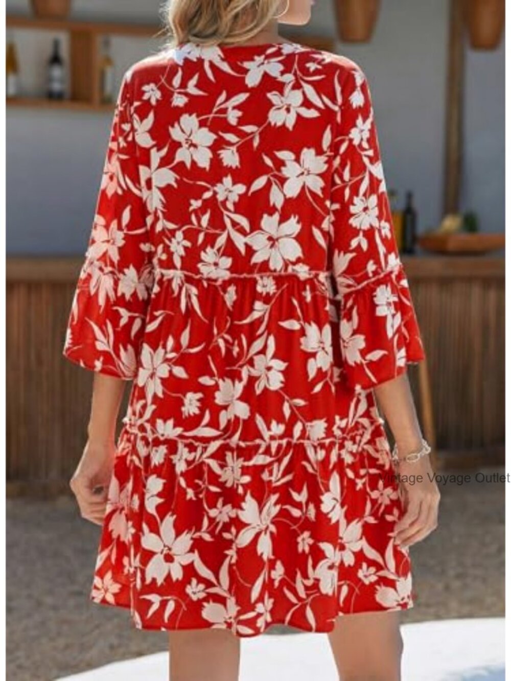 Women's Casual V-Neck Babydoll Dress 3/4 Bell Sleeve Beach Vacation Mini Dress - Picture 4 of 6